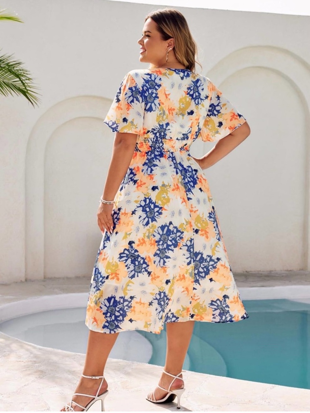 Hanna Nikole Floral V-Neck Midi Dress in White, Blue & Coral 16W - Picture 9 of 12